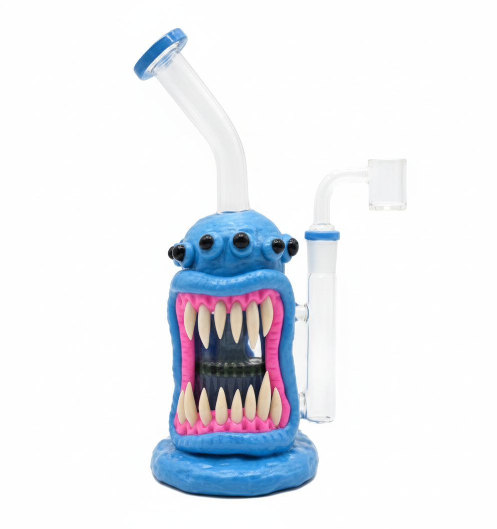 STRAIGHT BONG – Blue monster with many eyes and pink mouth full of teeth – BLUE