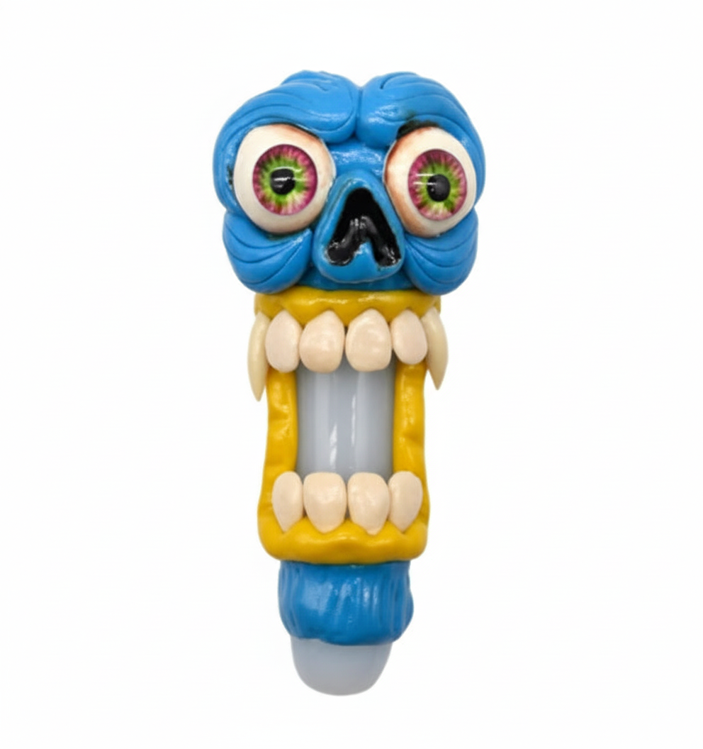 PIPE – Blue monster head with bulging eyes and yellow mouth – BLUE