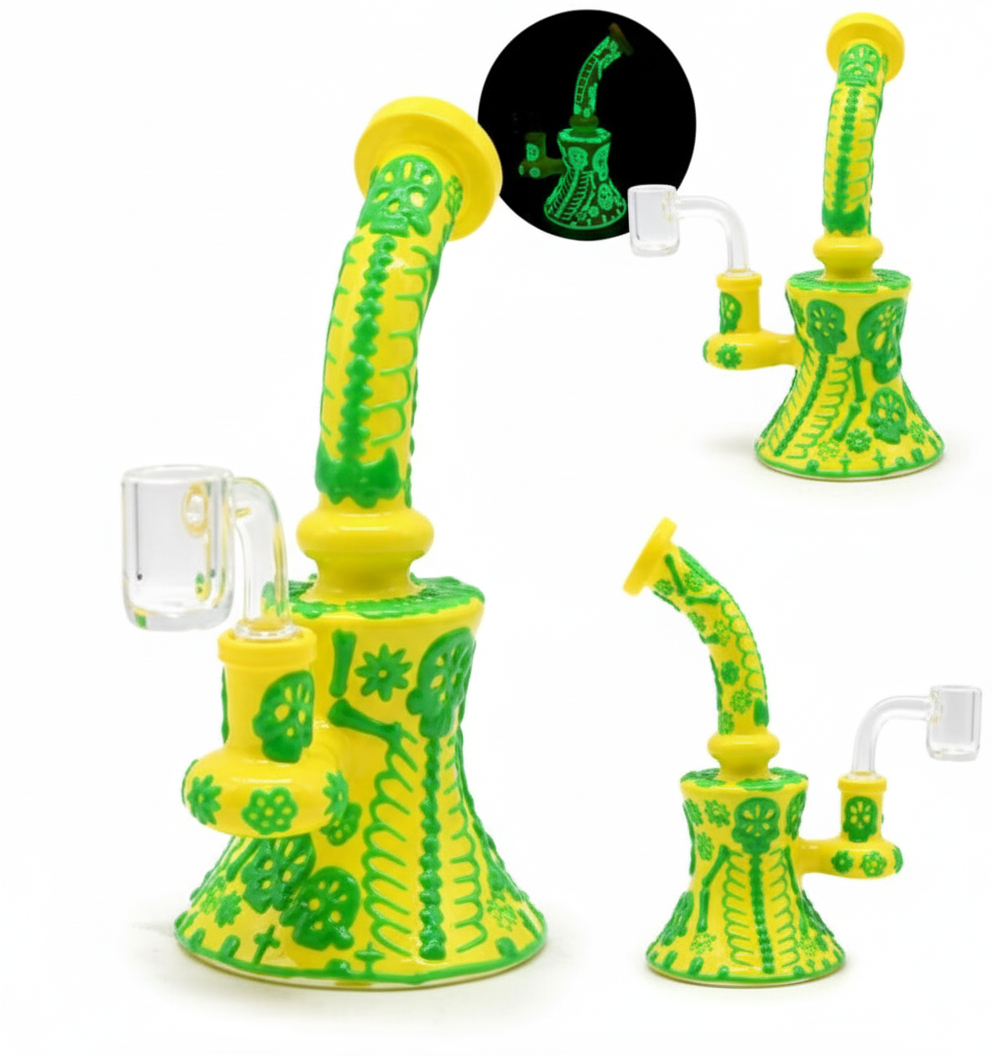 BUBBLER BONG GITD – Yellow and green GITD doodle – YELLOW