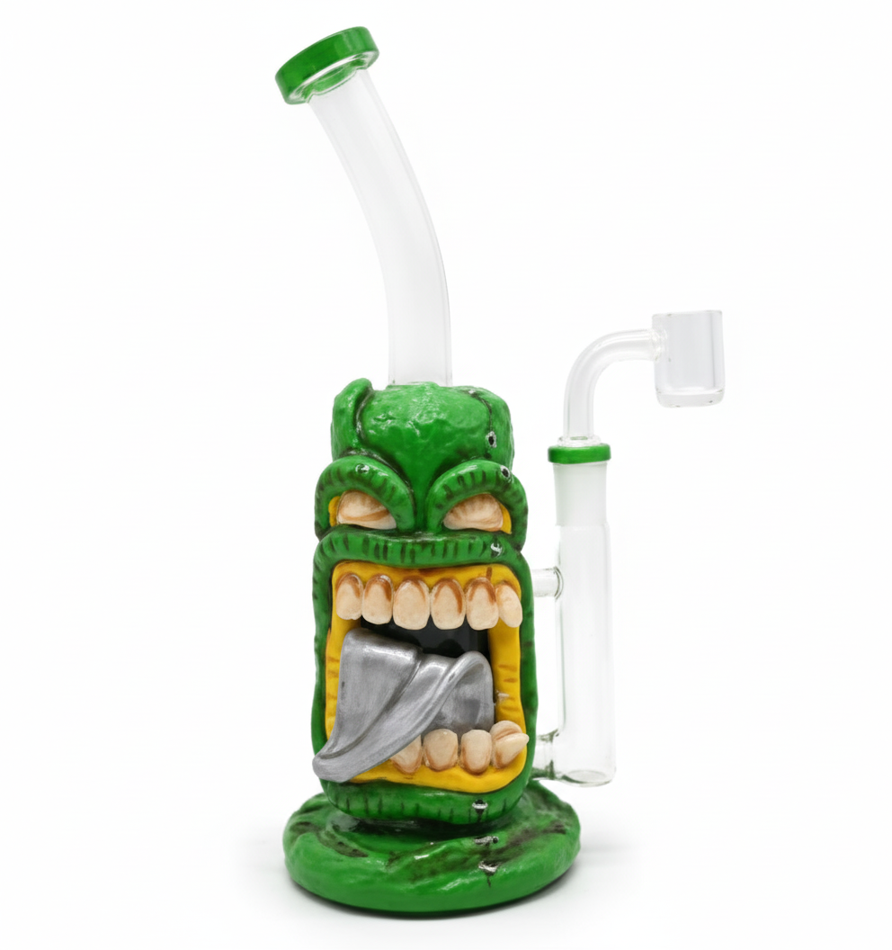 STRAIGHT BONG – Green monster head with big mouth and silver tongue – GREEN