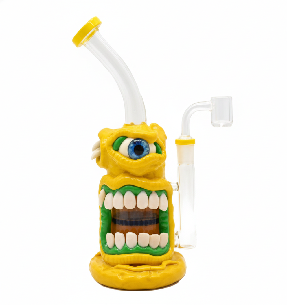 STRAIGHT BONG – Yellow one‑eyed monster with green mouth – YELLOW