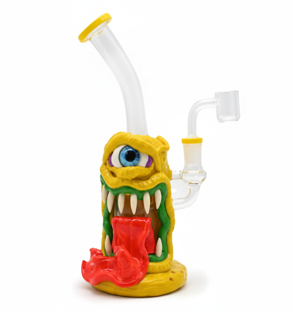 STRAIGHT BONG – Yellow one‑eyed monster with big red tongue – YELLOW