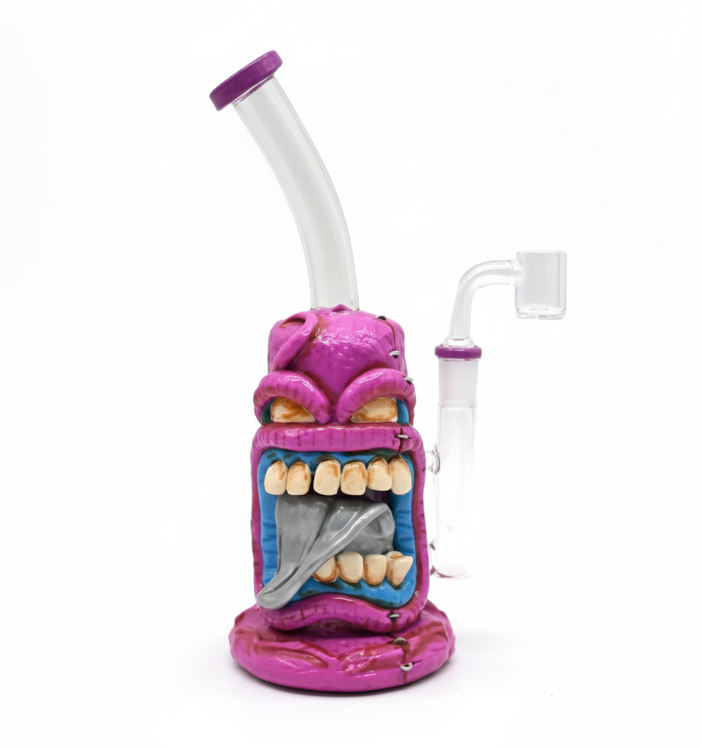 STRAIGHT BONG – Pink monster head with big mouth and silver tongue – PINK