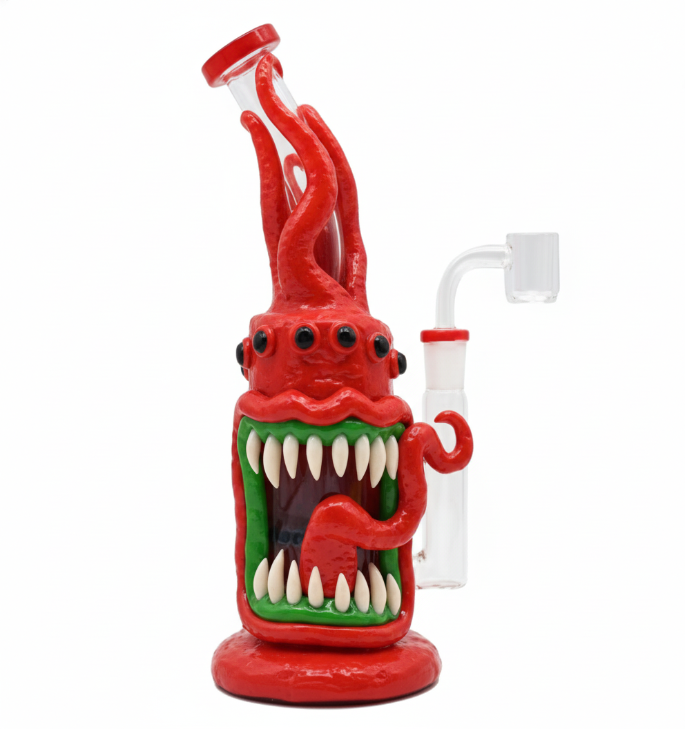 STRAIGHT BONG – Red tentacled monster with multiple eyes and big teeth – RED