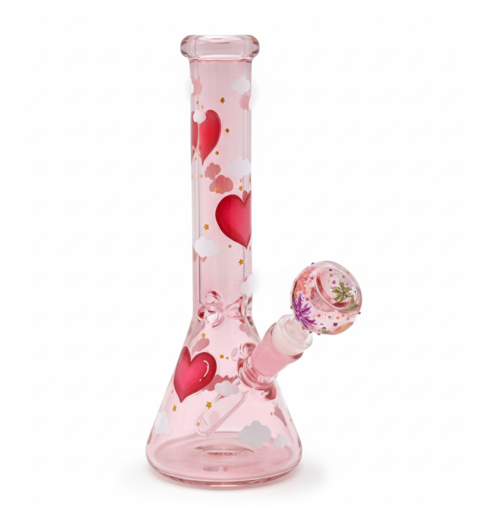 BEAKER BONG – Pink with red hearts and clouds – PINK