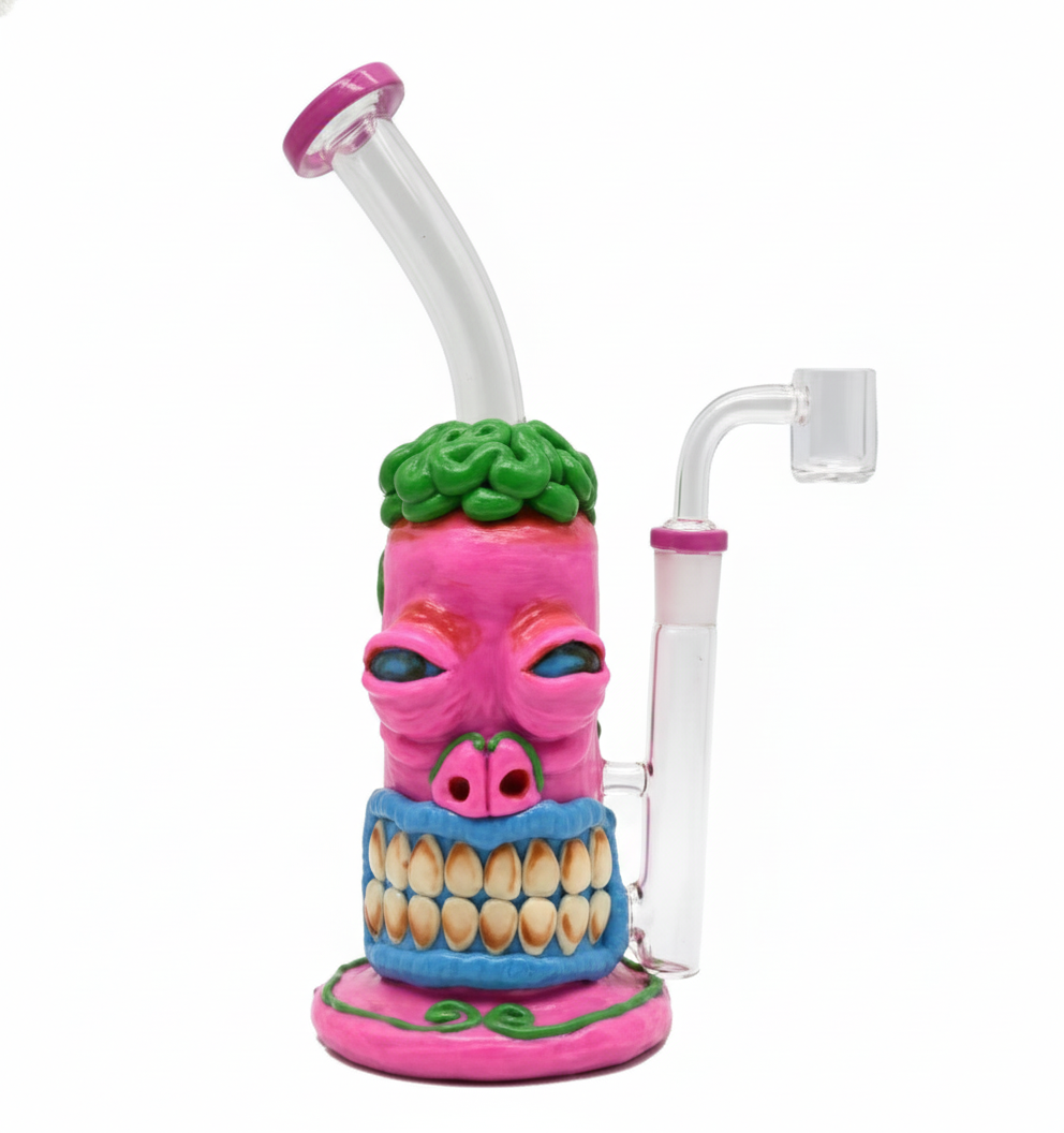 STRAIGHT BONG – Pink skull with green hair and toothy grin – PINK