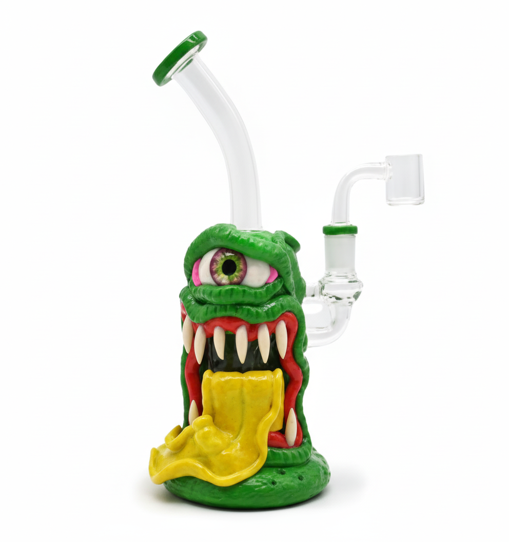 STRAIGHT BONG – Green one‑eyed monster with long yellow tongue – GREEN