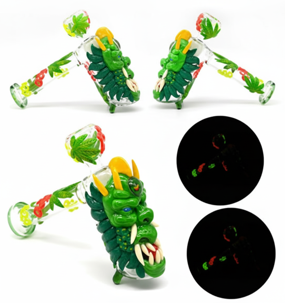 BUBBLER PIPE GITD – Green dragon head with cannabis leaves and glow‑in‑the‑dark – GREEN