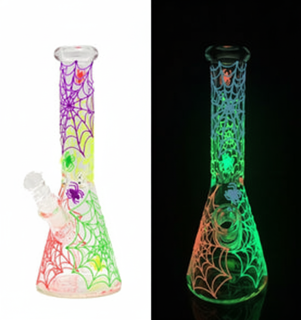 BEAKER BONG GITD – Rainbow neon spiderweb with glow‑in‑the‑dark spiders – MULTICOLOR