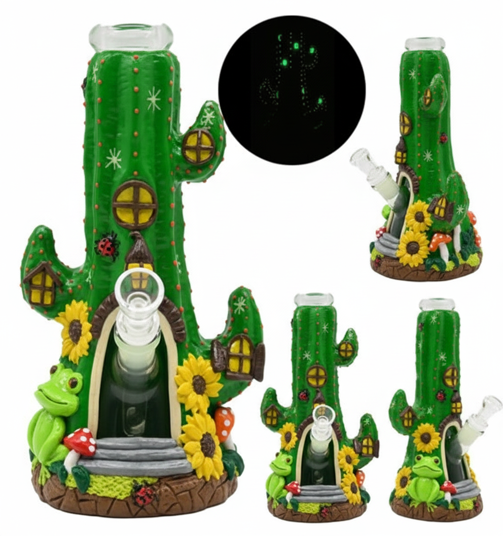 BEAKER BONG GITD – Cactus house with frogs, windows and sunflowers glow‑in‑the‑dark – GREEN