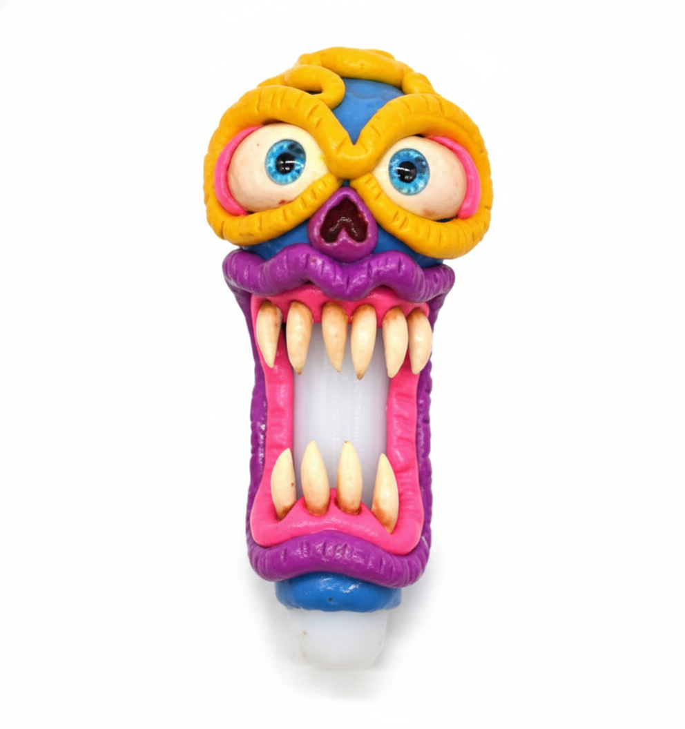 PIPE – Screaming yellow‑eyed monster with big teeth – PURPLE