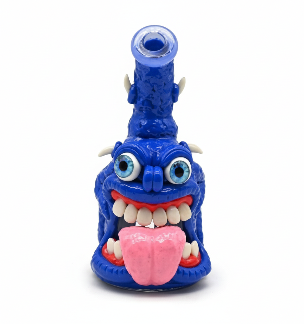 BUBBLER BONG – Blue monster with pink tongue and big teeth – BLUE
