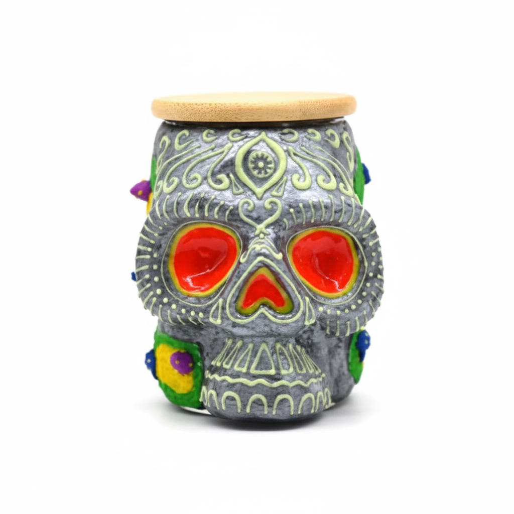 JAR – Grey sugar skull jar with red eyes and floral details – GREY