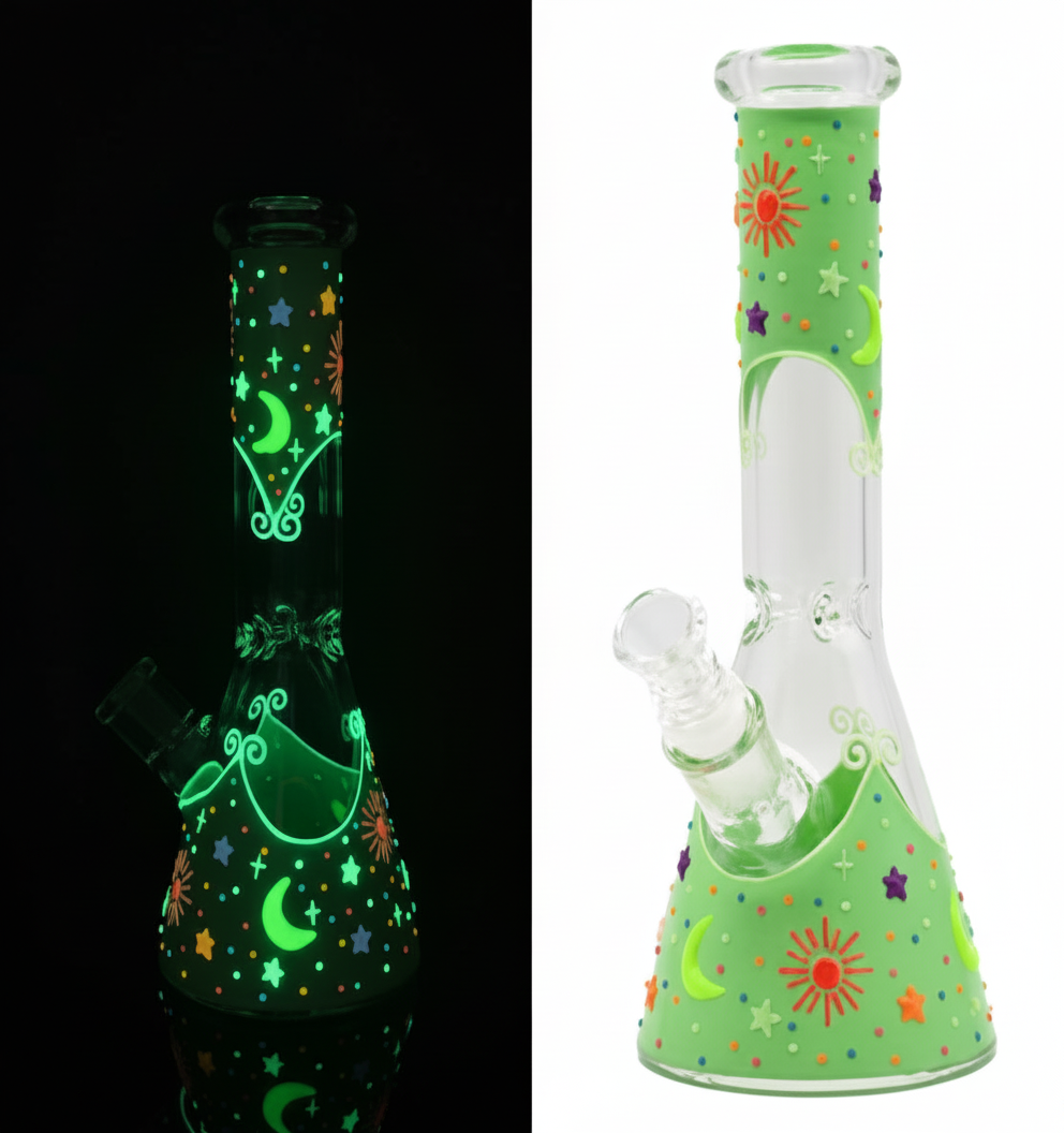 BEAKER BONG GITD – Green moon and sun with glow‑in‑the‑dark stars – GREEN