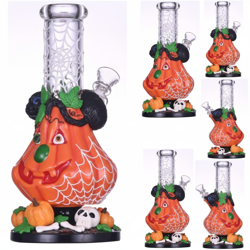 STRAIGHT BONG – Pumpkin with spiderweb neck, skull and bats – ORANGE