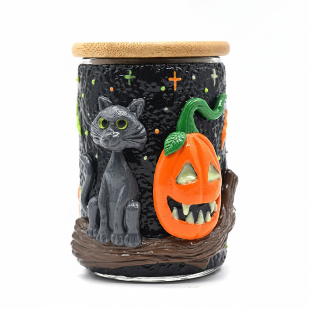 JAR – Black cat with jack‑o'-lantern on starry background – BLACK