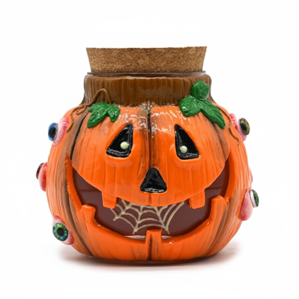 JAR – Jack‑o'-lantern jar with spiderweb mouth and eyeballs – ORANGE