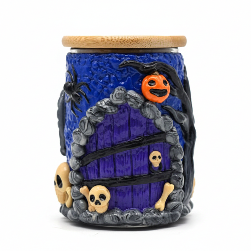 JAR – Spooky blue jar with purple door, skulls and spider – BLUE