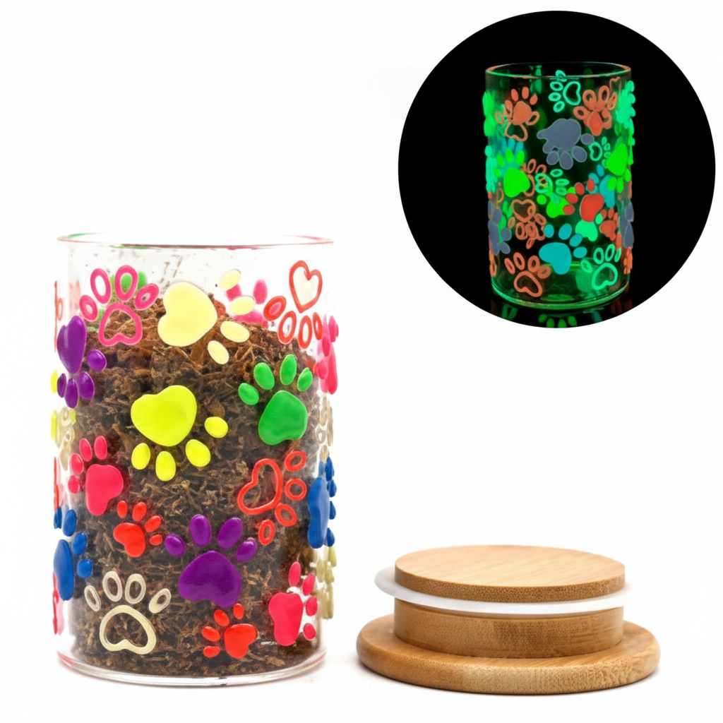 JAR GITD – Clear jar with colorful paw prints glow‑in‑the‑dark – MULTICOLOR