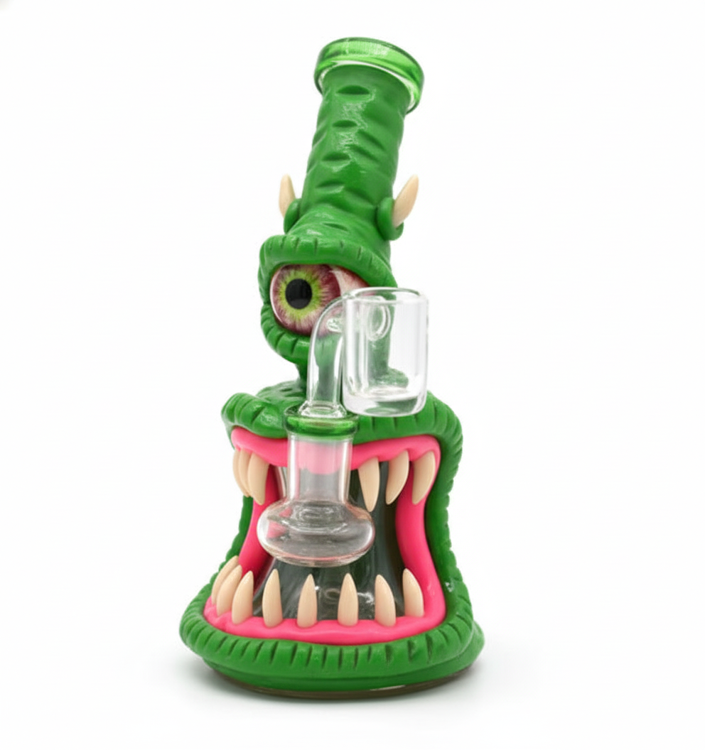 BUBBLER BONG – Green one‑eyed monster with big teeth and horns – GREEN