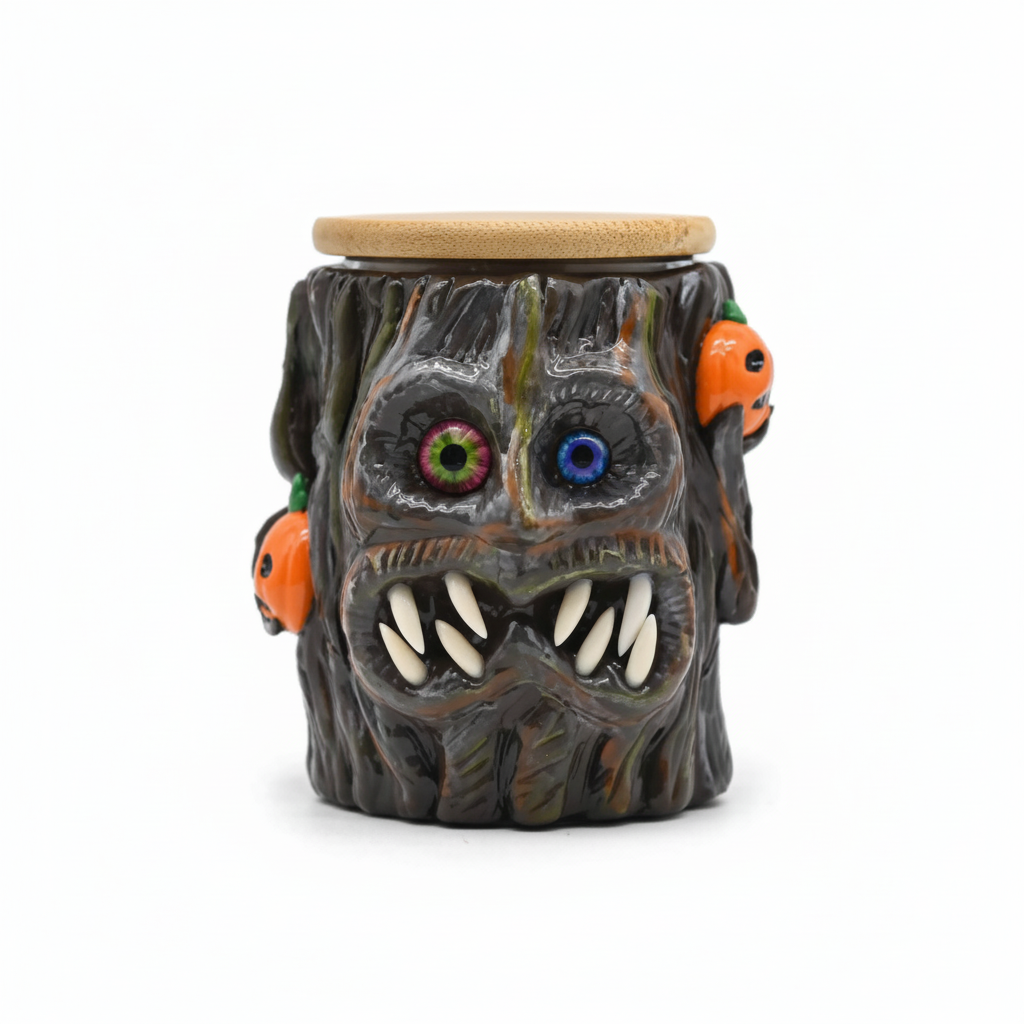 JAR – Haunted tree stump jar with pumpkins and sharp teeth – BROWN