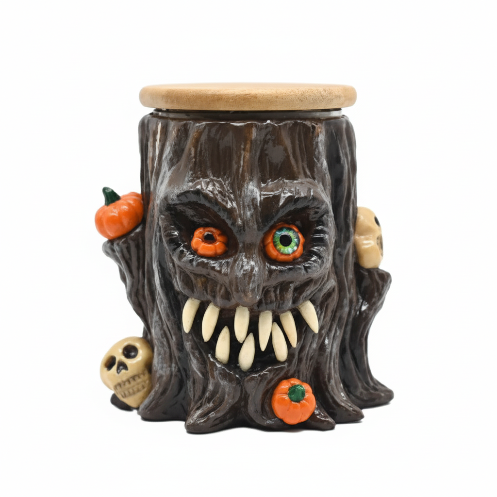 JAR – Haunted tree stump with pumpkins, skulls and teeth – BROWN