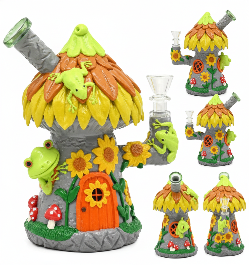 BUBBLER BONG – Grey mushroom cottage with sunflowers and frogs – MULTICOLOR