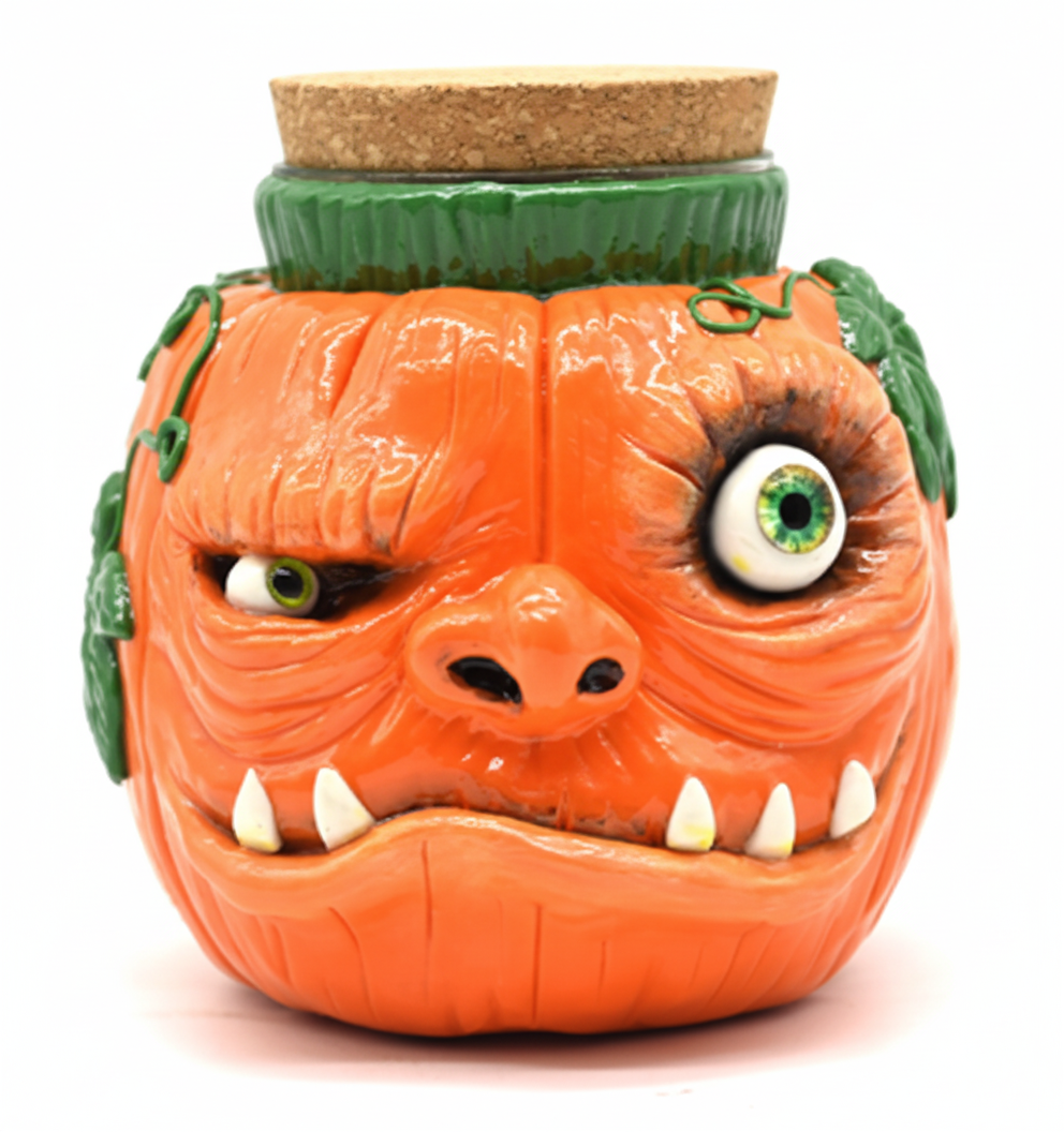 JAR – One‑eyed grinning pumpkin jar with cork lid – ORANGE