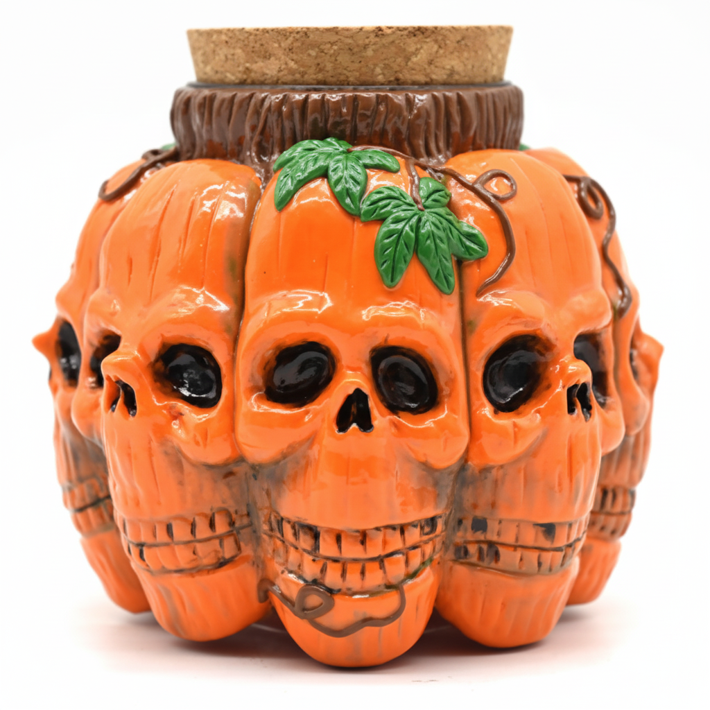 JAR – Pumpkin jar made of orange skulls with cork lid – ORANGE