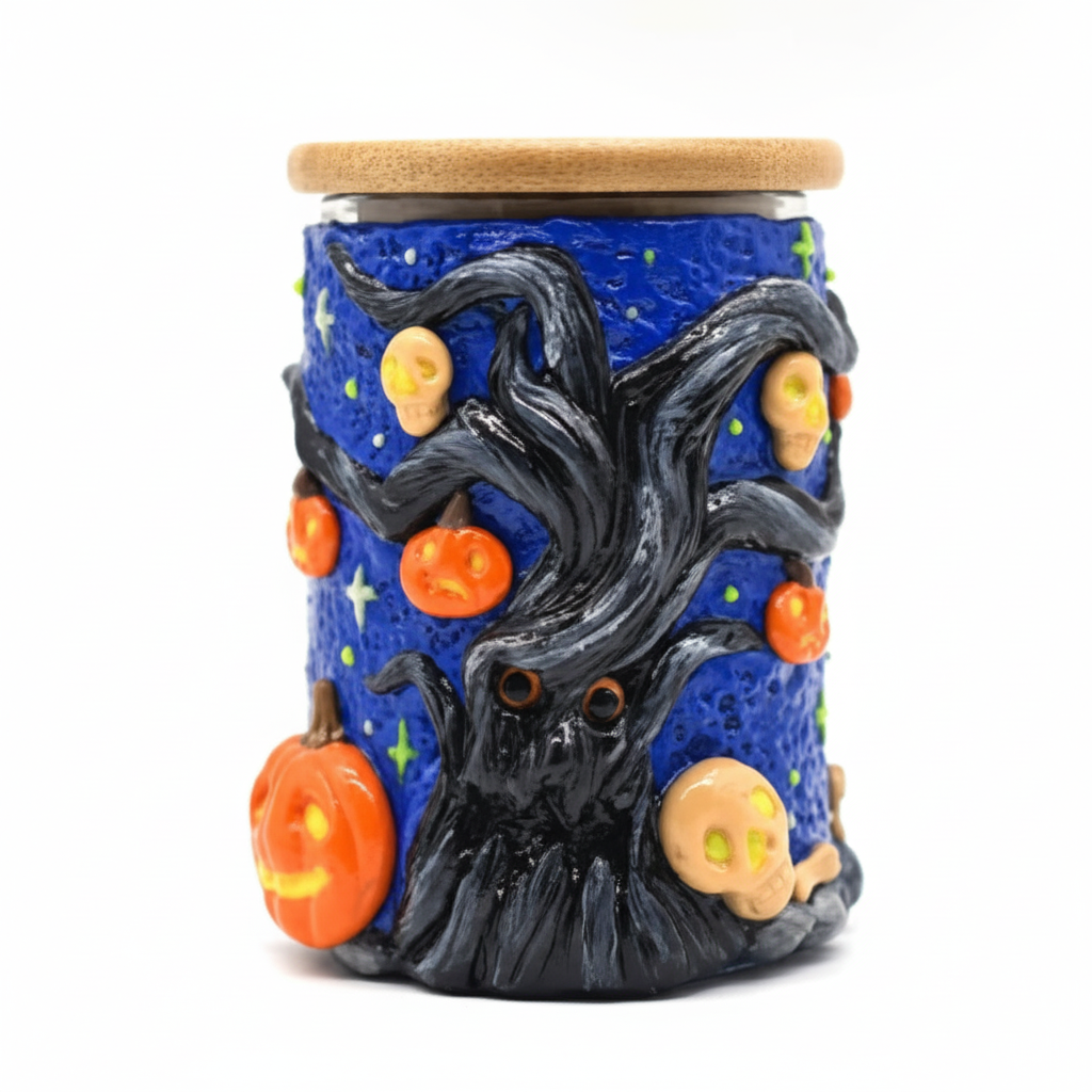 JAR – Haunted tree with skulls and pumpkins – BLUE