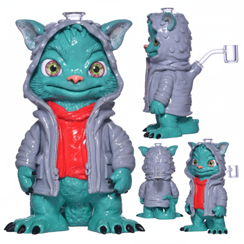 FULL BODY BONG – Teal gremlin wearing grey hoodie and red shirt – GREEN