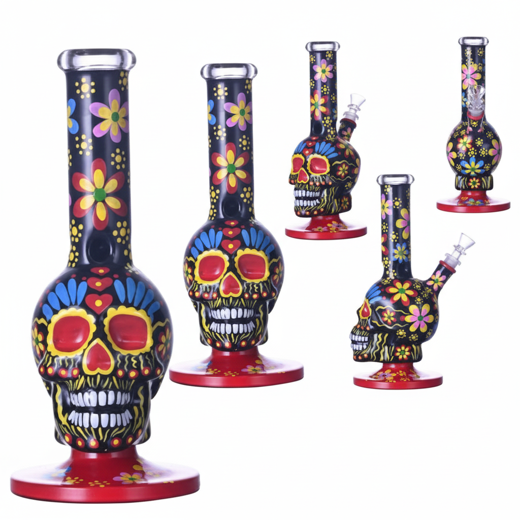 STRAIGHT BONG – Black sugar skull with colorful florals – BLACK