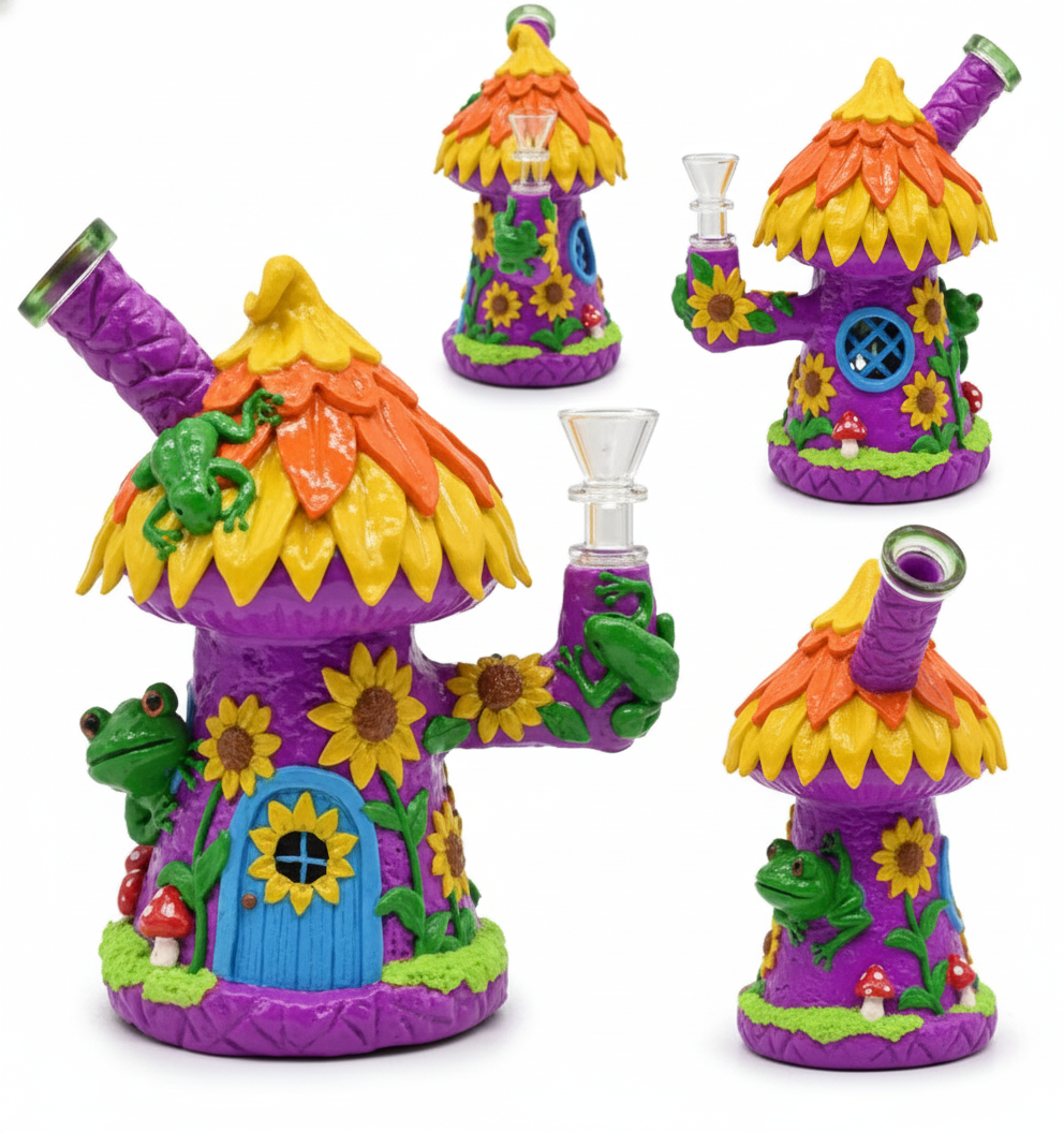 BUBBLER BONG – Sunflower mushroom house with frog and door – MULTICOLOR