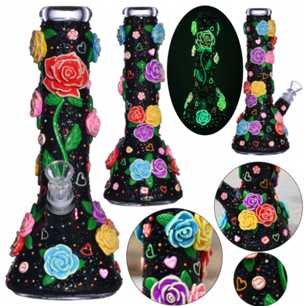 BEAKER BONG – Black bong with colorful roses and hearts glow‑in‑the‑dark – MULTICOLOR
