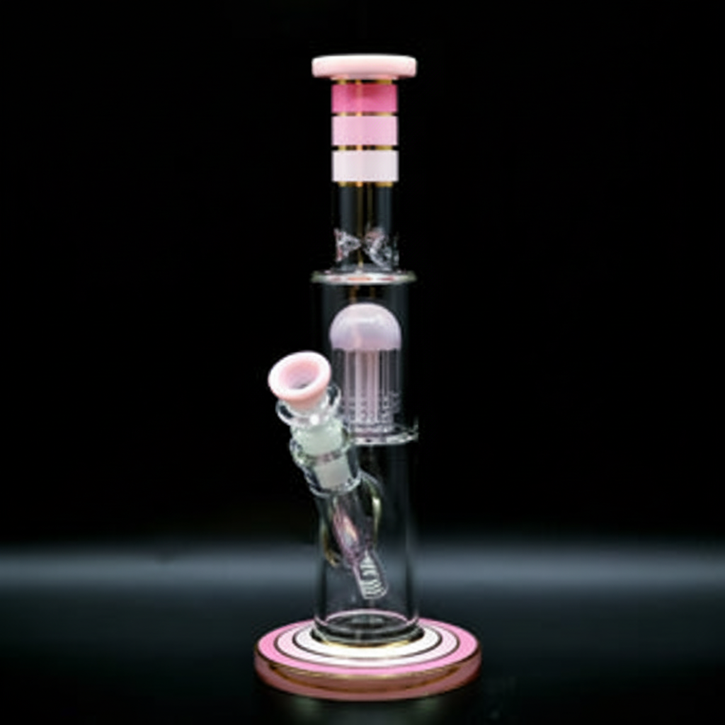 STRAIGHT BONG – Clear with pink jellyfish percolator and stripes – PINK