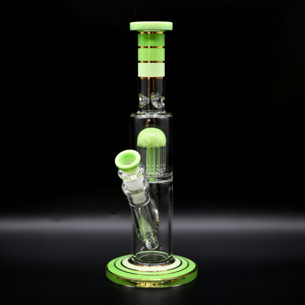 STRAIGHT BONG – Clear with green jellyfish percolator and stripes – GREEN