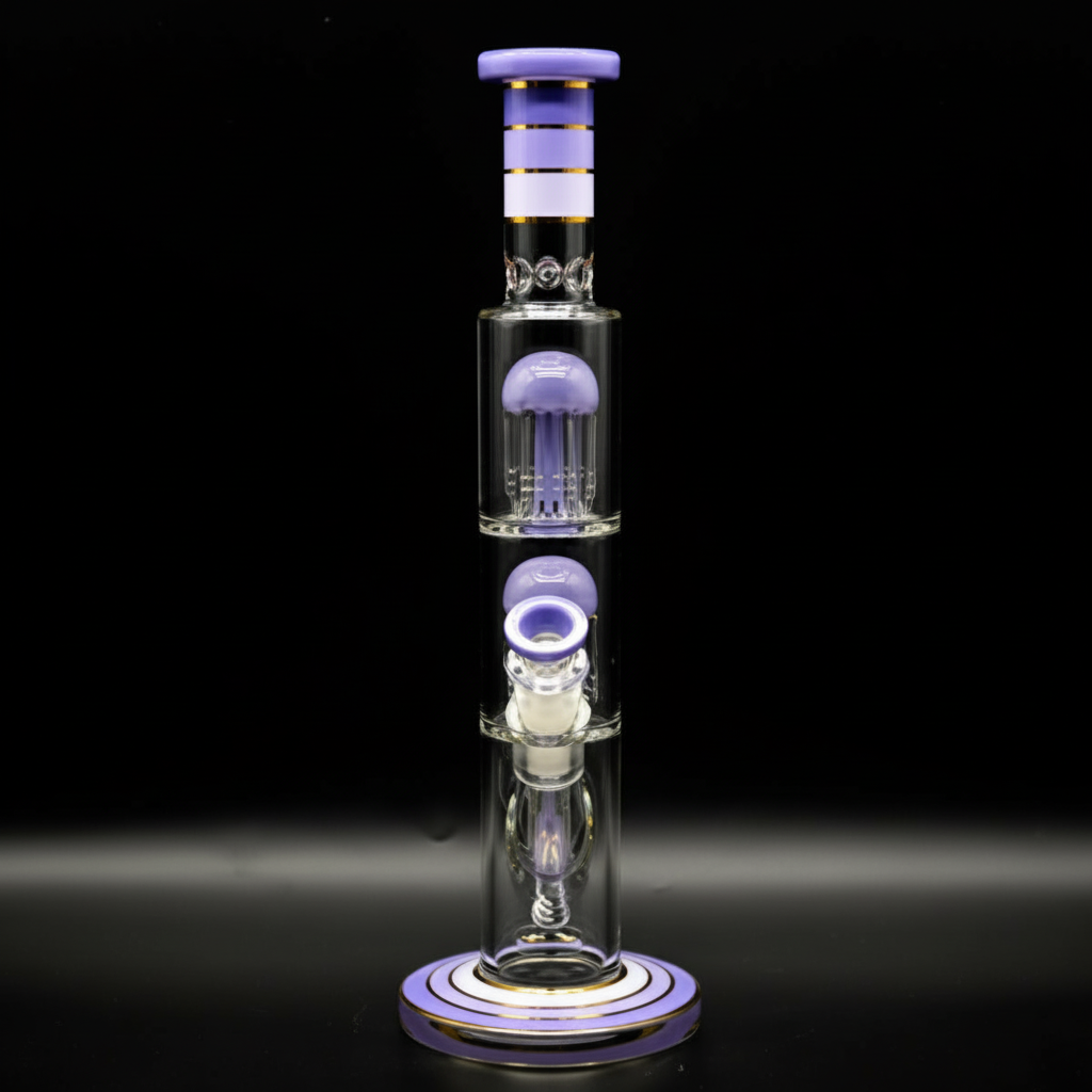 STRAIGHT BONG – Tall purple striped with double jellyfish percolator – PURPLE