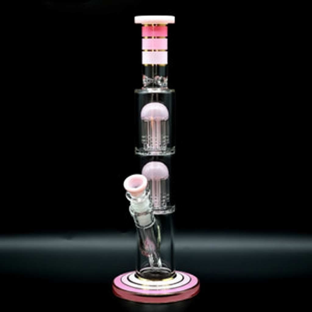 STRAIGHT BONG – Tall pink striped with double jellyfish percolators – PINK