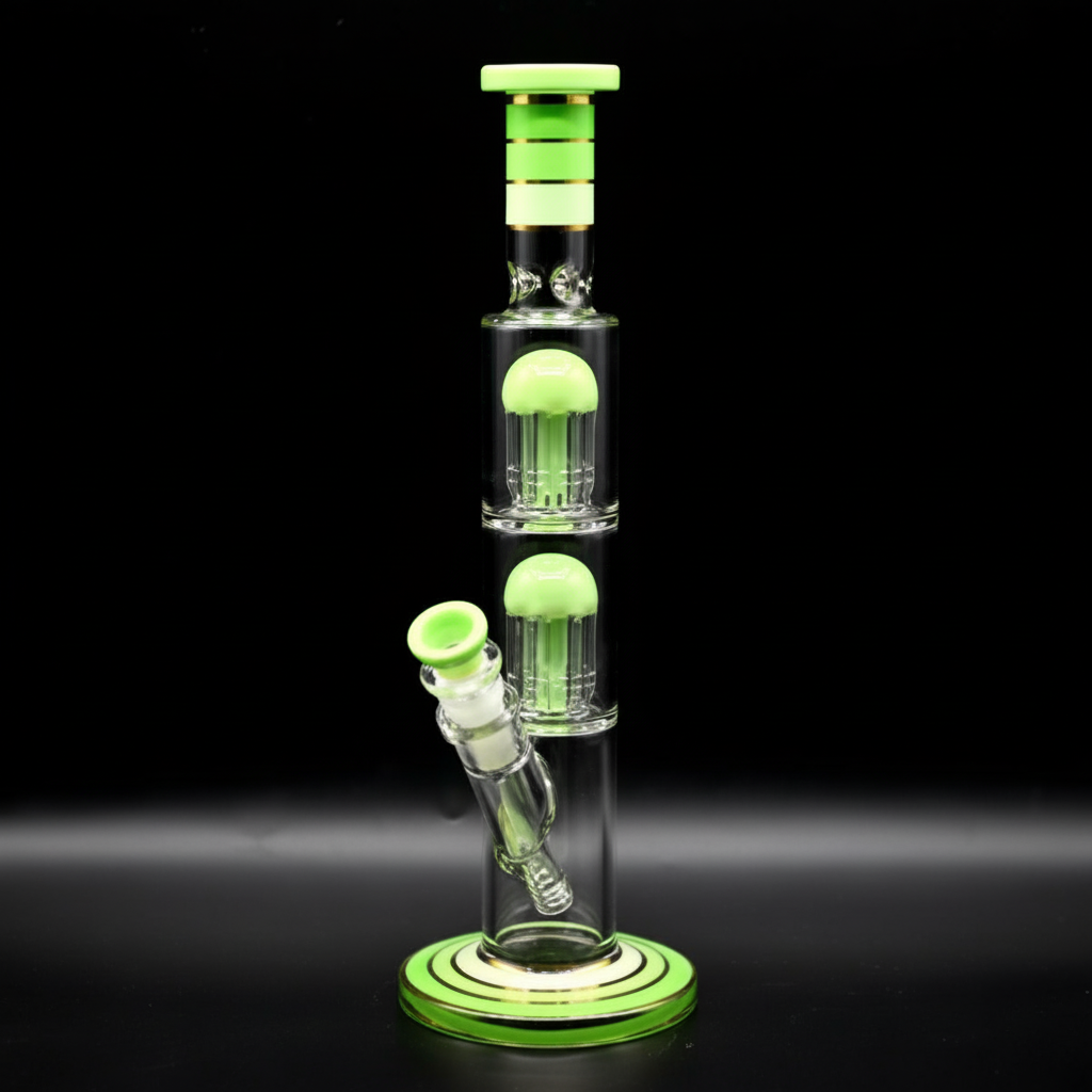 STRAIGHT BONG – Tall green striped with double jellyfish percolators – GREEN