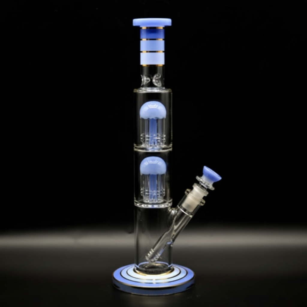 STRAIGHT BONG – Tall blue striped with double jellyfish percolators – BLUE