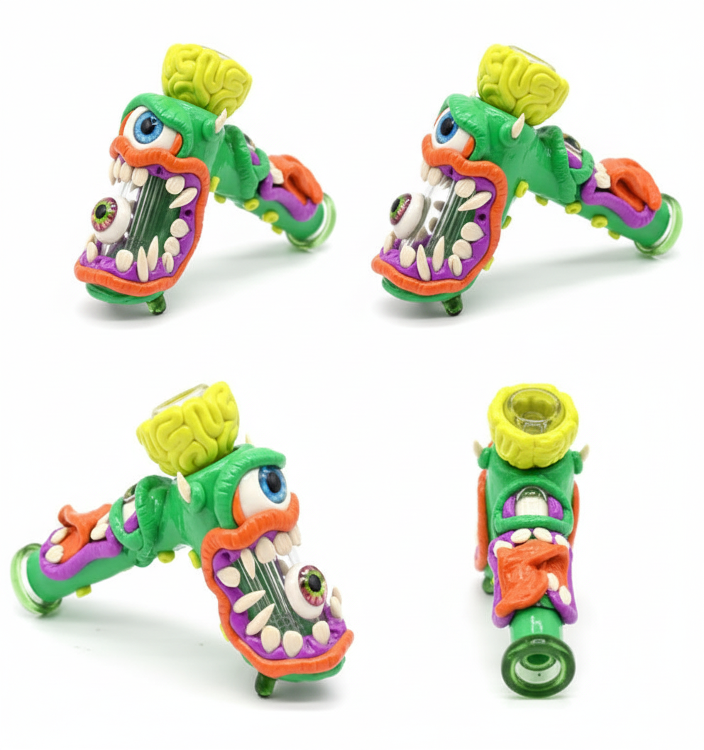BUBBLER PIPE – Green monster pipe with exposed brain and big mouth – GREEN