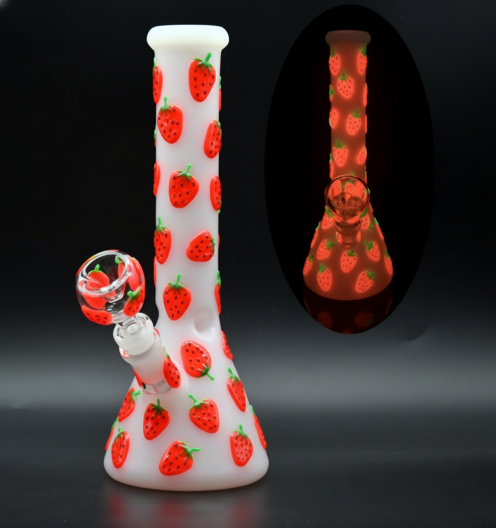 BEAKER BONG GITD – GITD white bong with red strawberries – WHITE