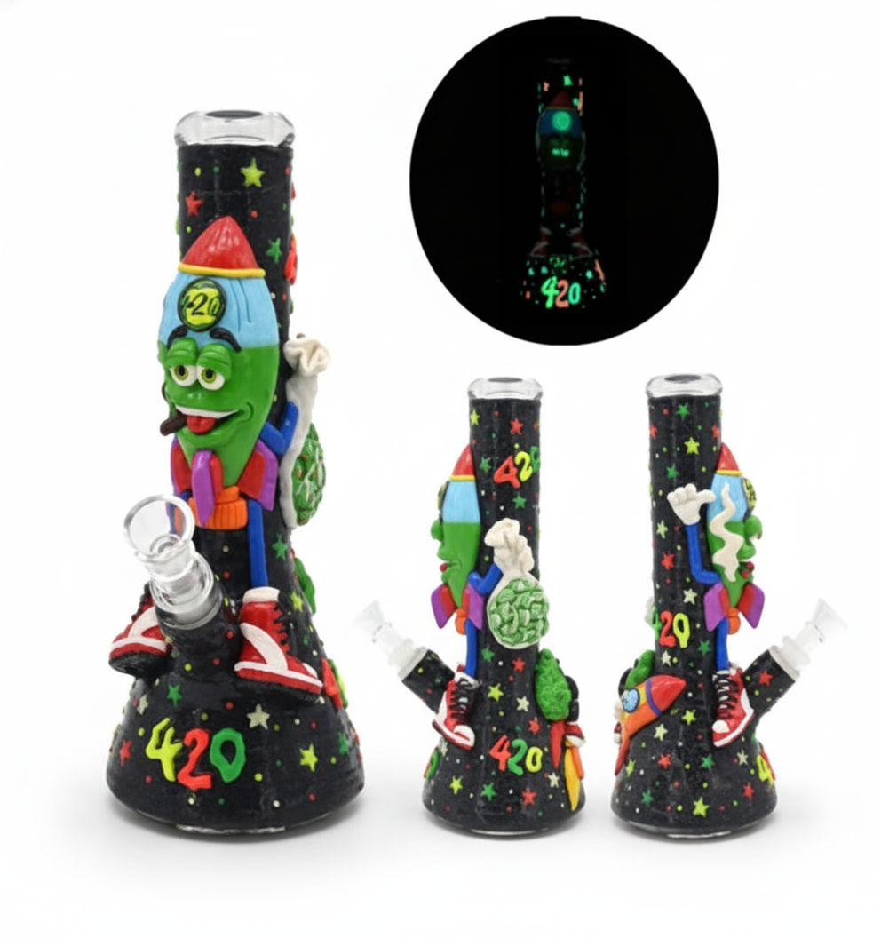 BEAKER BONG GITD – Black bong with 420 cartoon and stars glow‑in‑the‑dark – BLACK