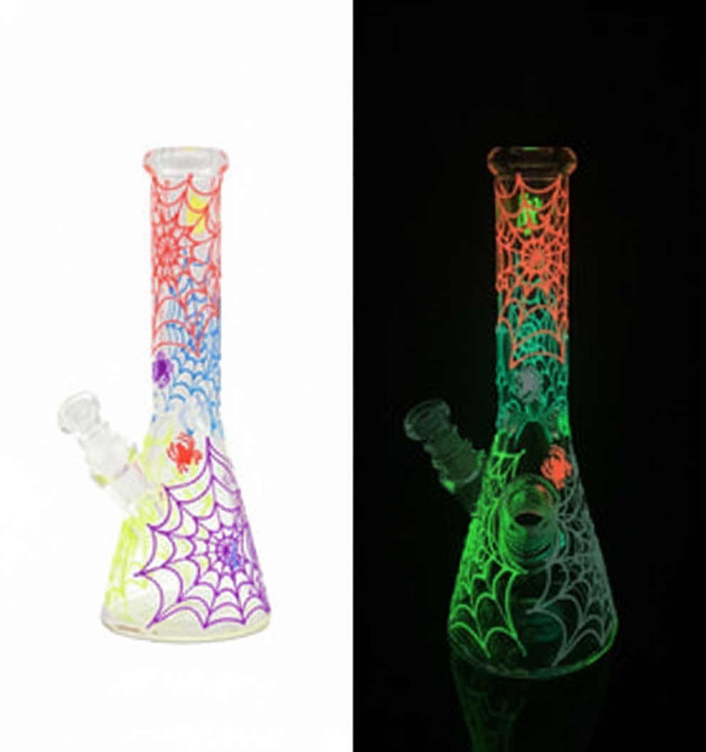 BEAKER BONG GITD – Rainbow GITD spiderweb with glow‑in‑the‑dark spiders – MULTICOLOR