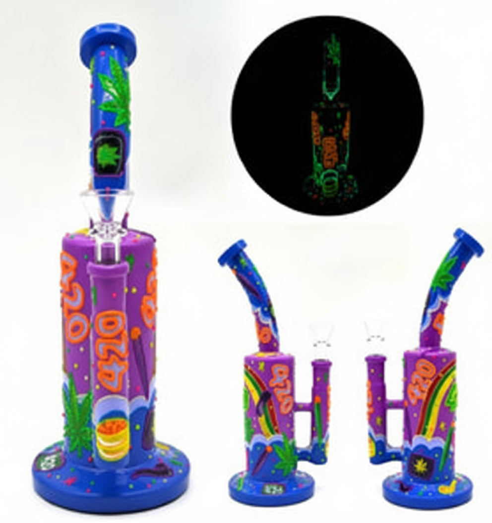 STRAIGHT BONG GITD – Purple bong with 420 and cannabis glow‑in‑the‑dark – PURPLE