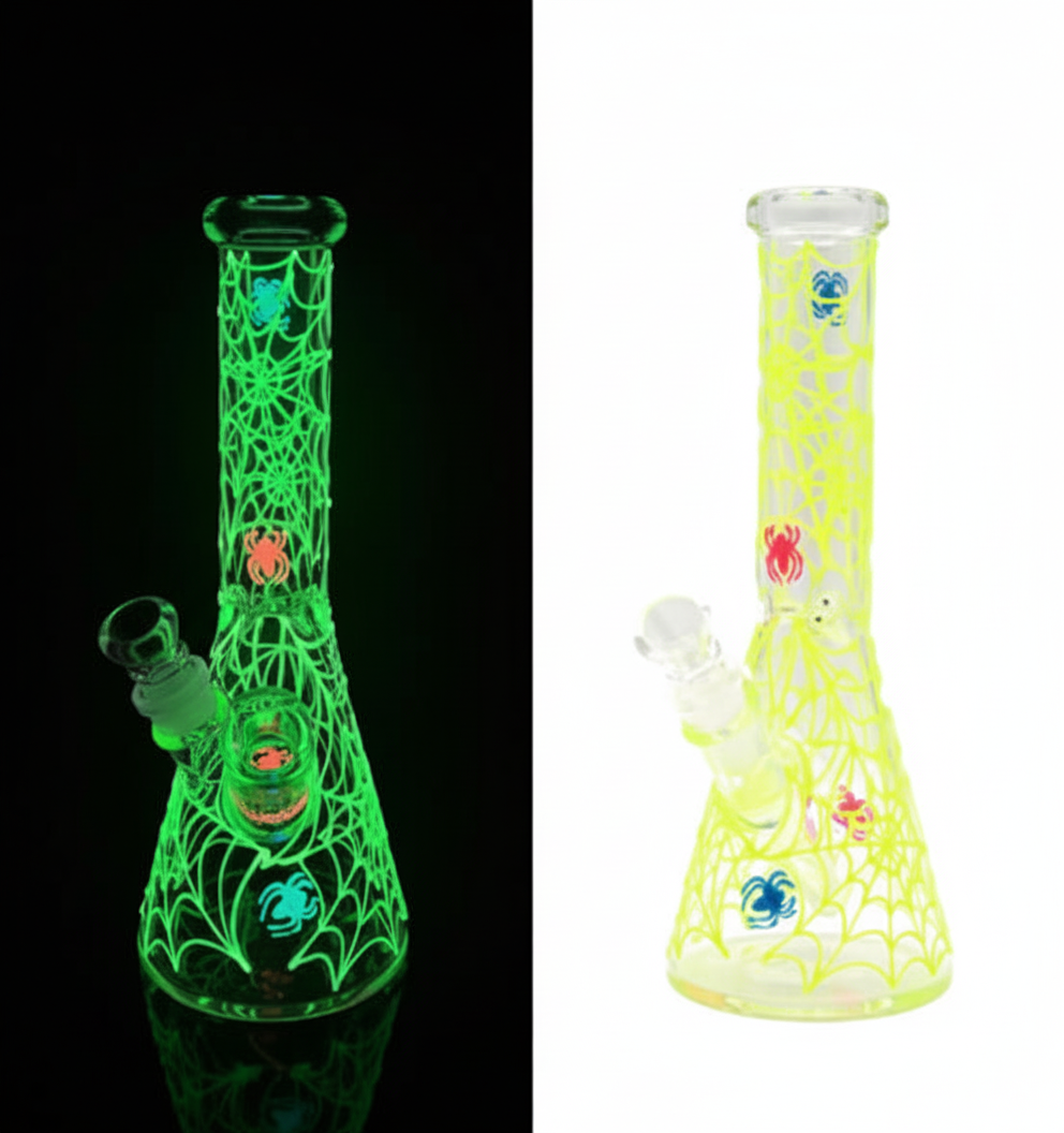 BEAKER BONG GITD – GITD neon spiderweb with colorful spiders – YELLOW