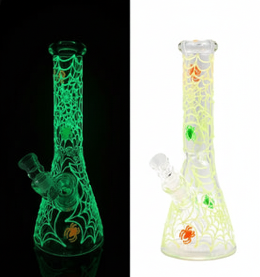 BEAKER BONG GITD – GITD spiderweb with colorful spiders – YELLOW