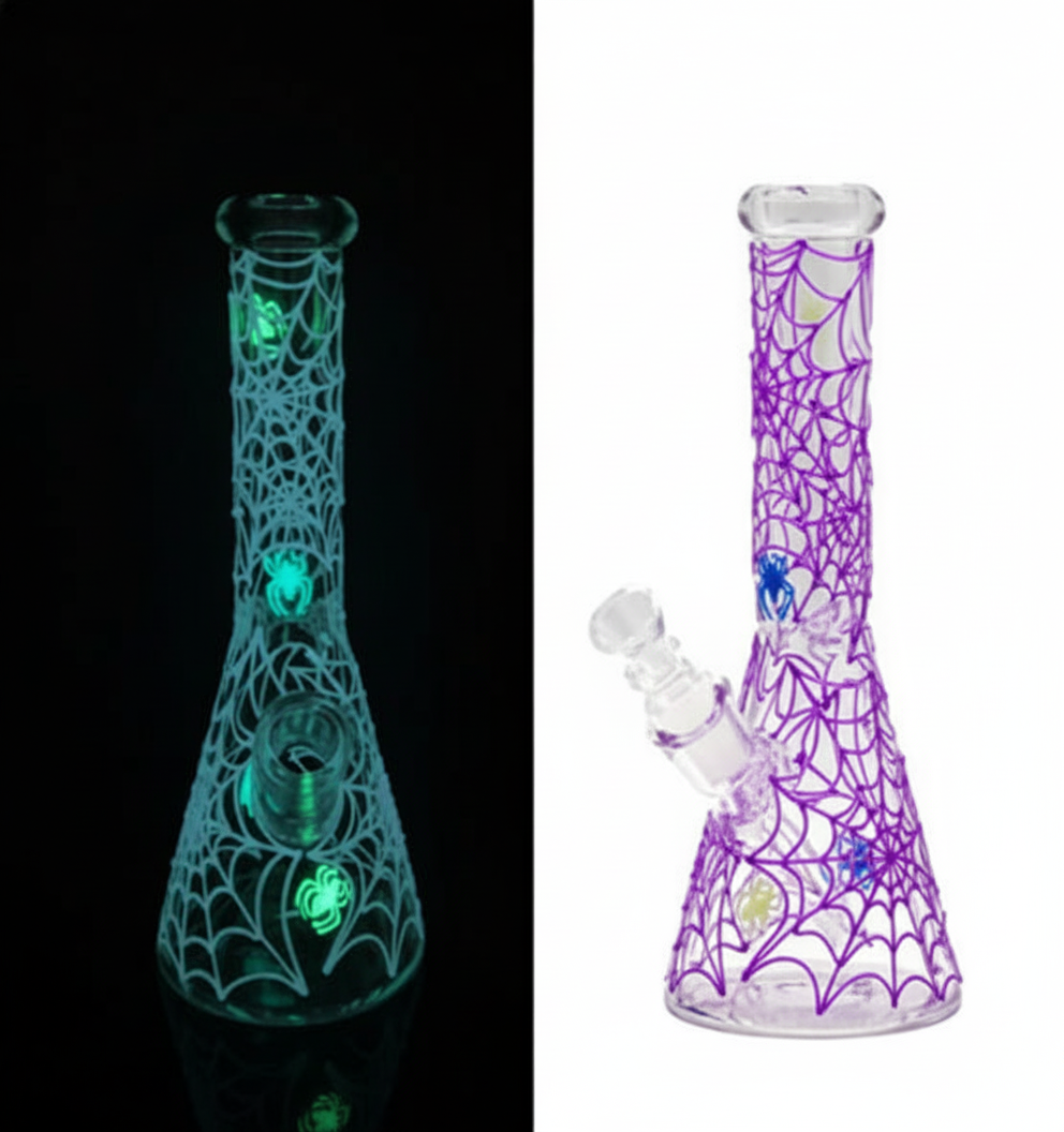 BEAKER BONG GITD – GITD spiderweb with spiders – PURPLE