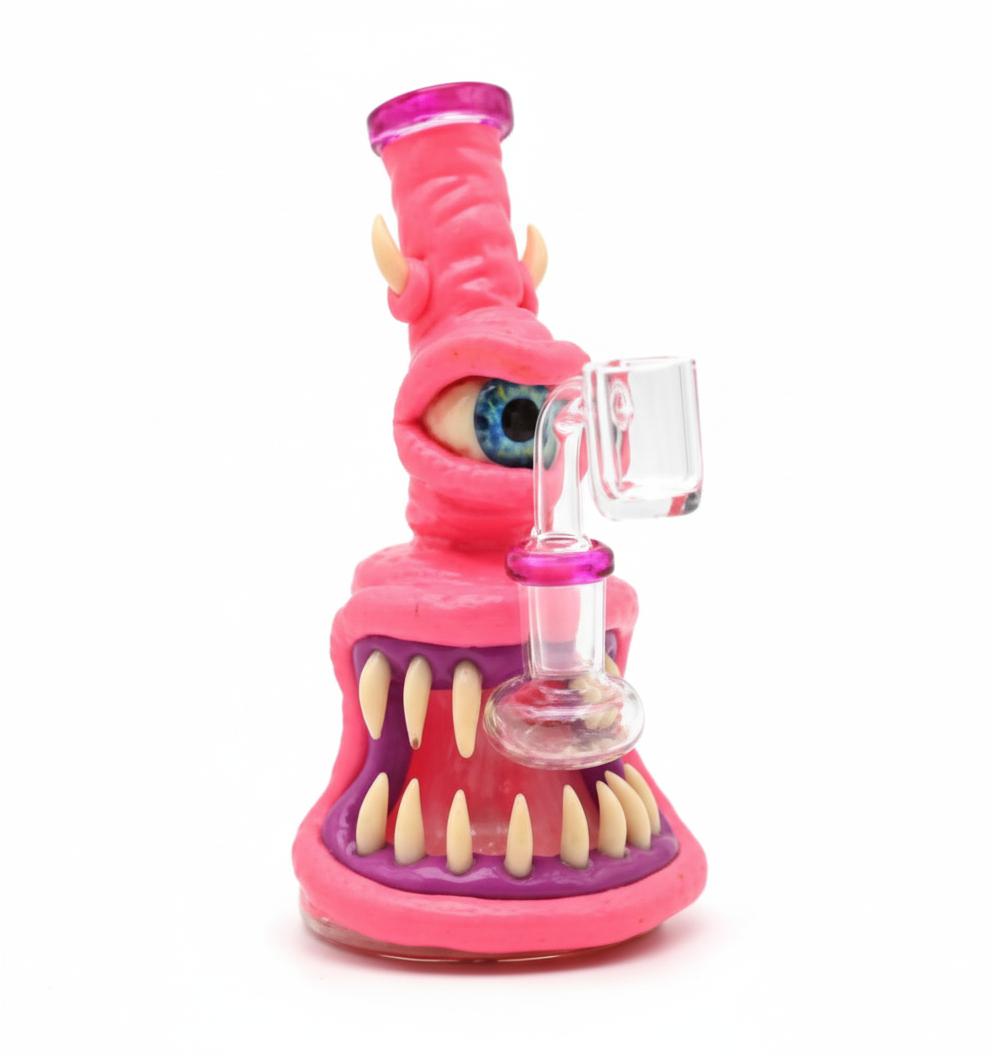 BUBBLER BONG – Pink one‑eyed monster with big teeth and horns – PINK