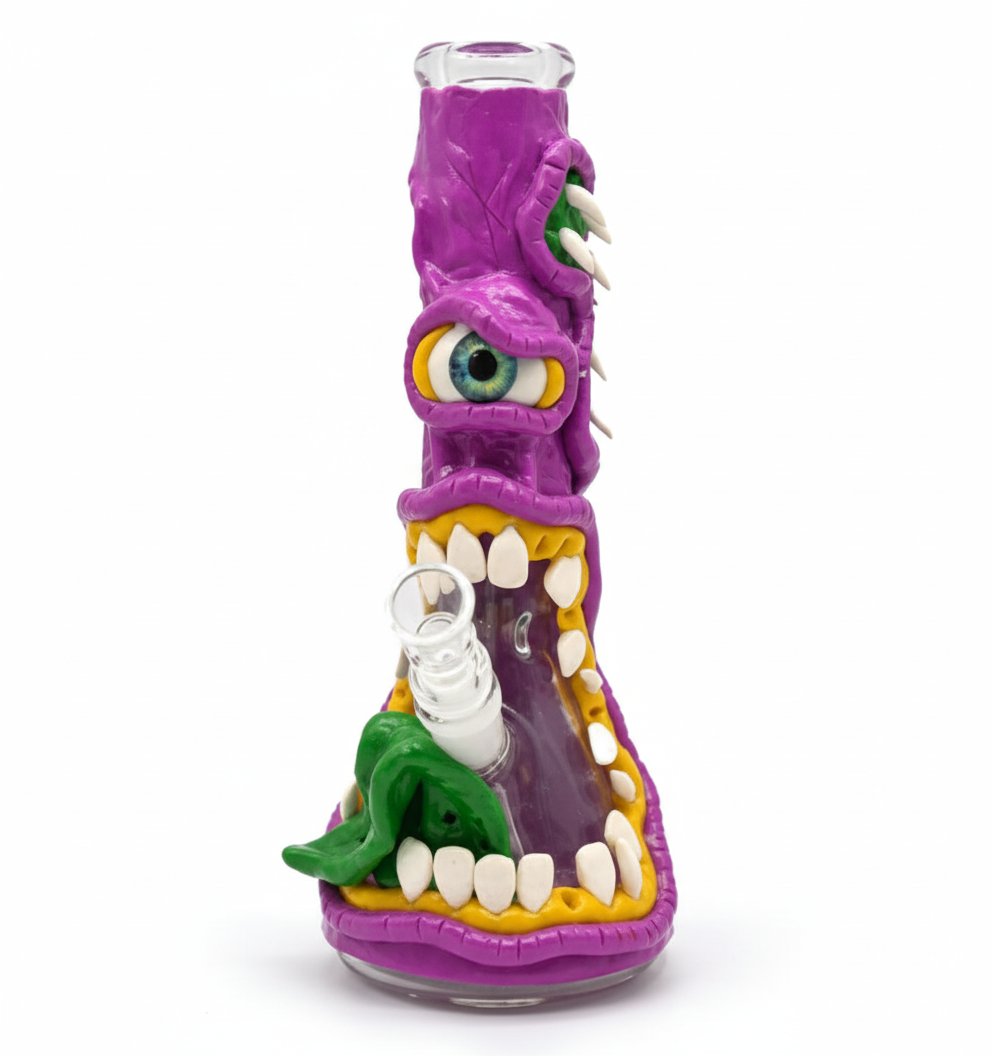 BEAKER BONG – Purple one‑eyed monster with green slug tongue – PURPLE